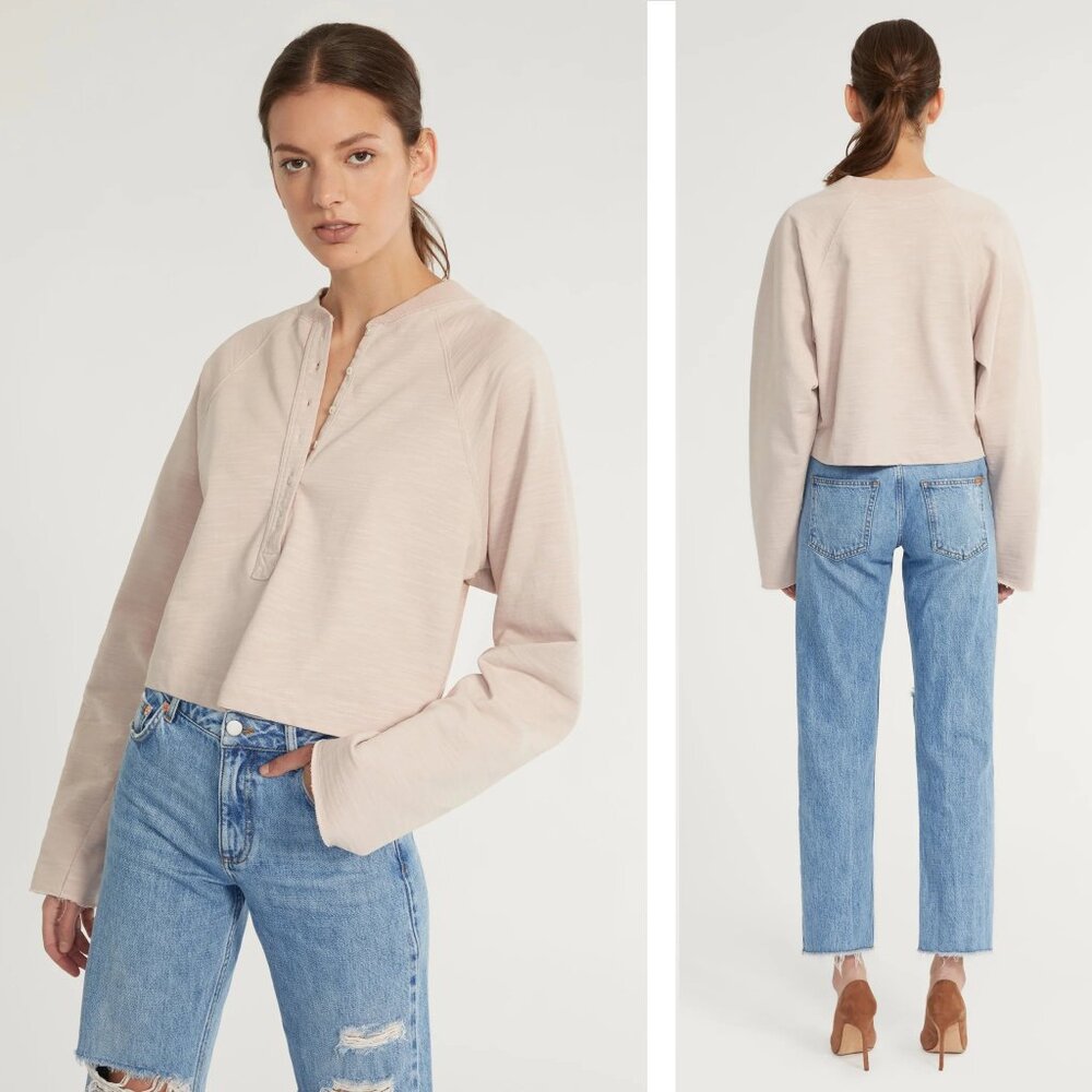 Marissa Webb So Uptight Lightweight Slub Cotton Plunge Henley‎ in Quartz Size S